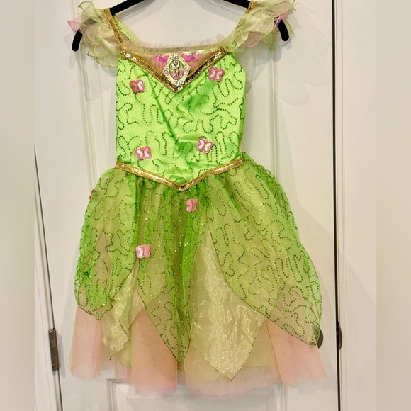 Disney TinkerBell Fairy Butterfly Costume Green Gold Sparkle Girls 7/8 Halloween - Picture 3 of 12